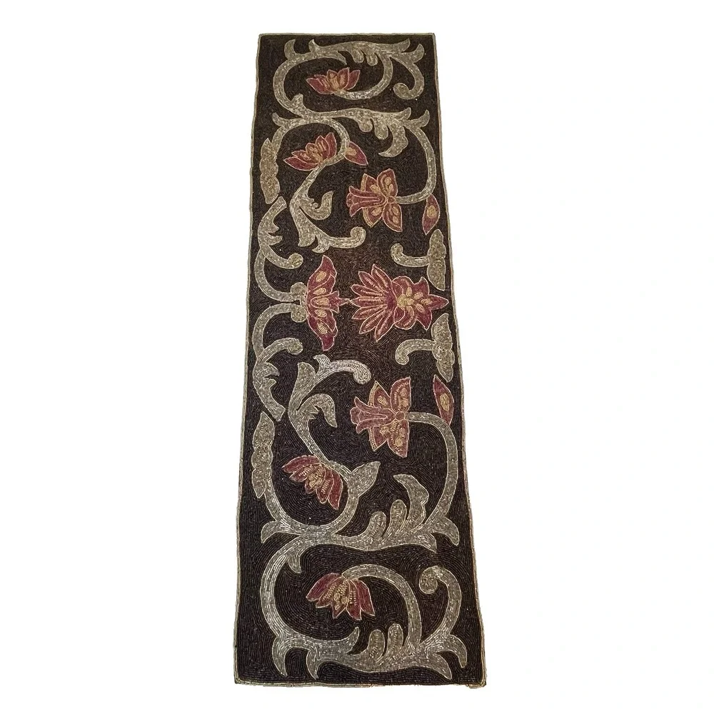 Cotton Craft Beaded Table Runner Lotus Floral Gold Chocolate Brown Handcrafted